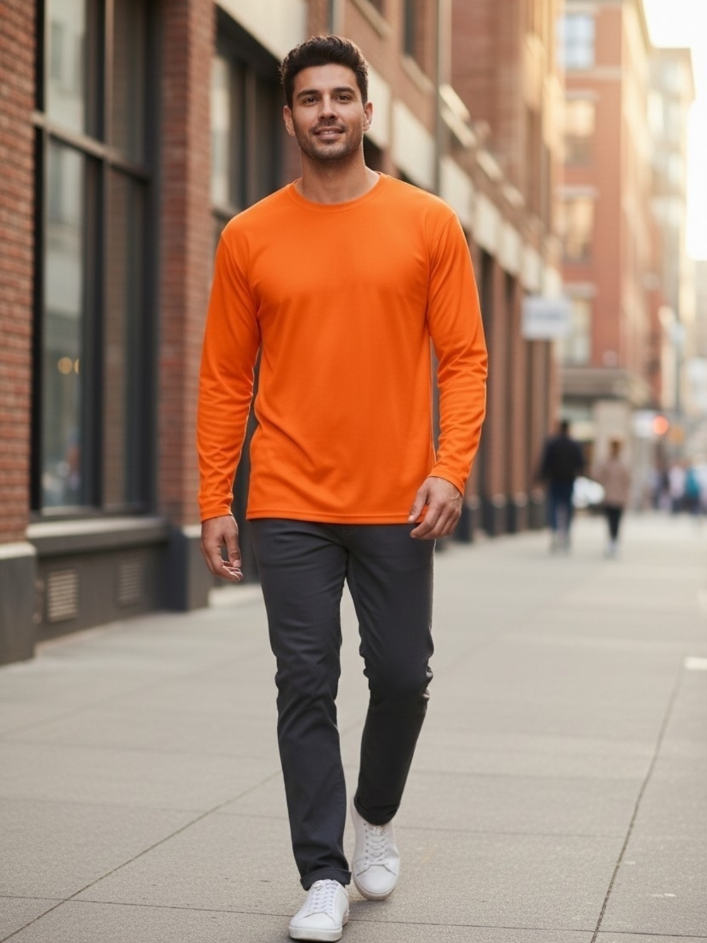 Hanes Men's Long Sleeve Crewneck Shirt - Orange UPF 40 Quick Dri Medium